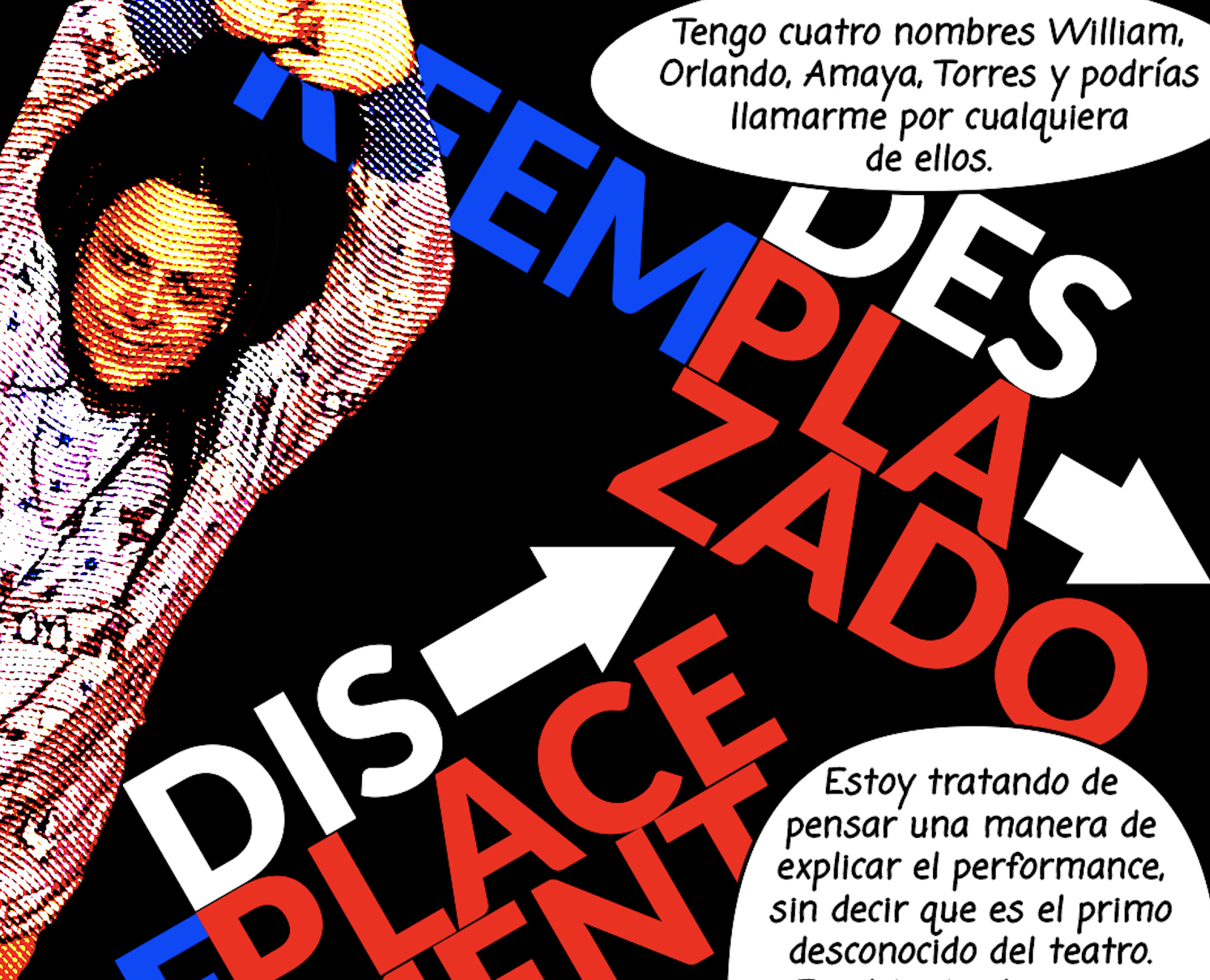 Image: A photograph of a person holding their hands above their head. The title of this series is written in Blue and Red letters: DES/REEMPLAZADO–>DIS/REPLACEMENT 3 of 3 comic created by Carlos Matallana. Two black and white quote bubbles on the rightt hand side that read, "Tengo cuatro nombres William, Orlando, Amaya, Torres y podrías llamarme por cualquiera de ellos. Estoy tratando de pensar una manera de explicar el performance, sin decir que es el primo desconocido del teatro. En el teatro las cosas están preparadas, basadas en un guión, y la gente está observando algo planeado."